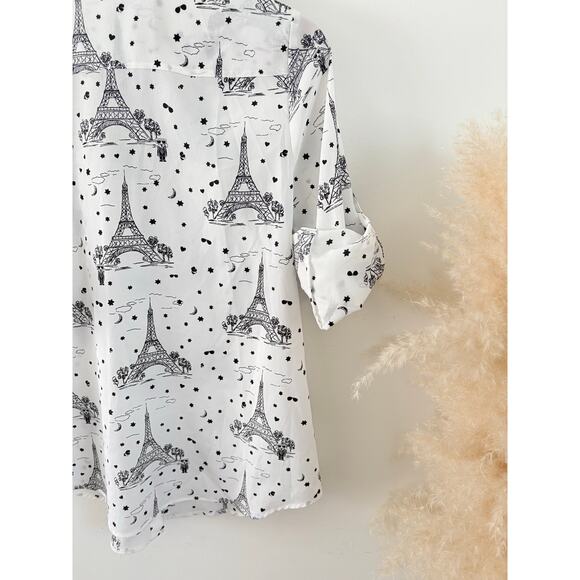 Karl Lagerfeld Paris Eiffel Tower Button Up Top Small White Crepe Roll Tab - Picture 9 of 10